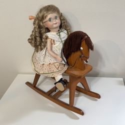 Adorable Porcelain 14” Doll with Wooden Rocking Horse 