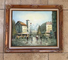 Vintage Harold Signed and framed European Street Scene Oil Painting