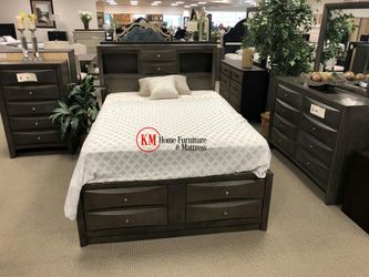 6PCS BEDROOM SET STORAGE BED GRAY COLOR BED NIGHT STAND DRESSER MIRROR