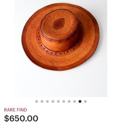 Vintage Mexican Embossed Handmade Hand-Tooled "RUBY" Brown Leather Hat SZ Medium