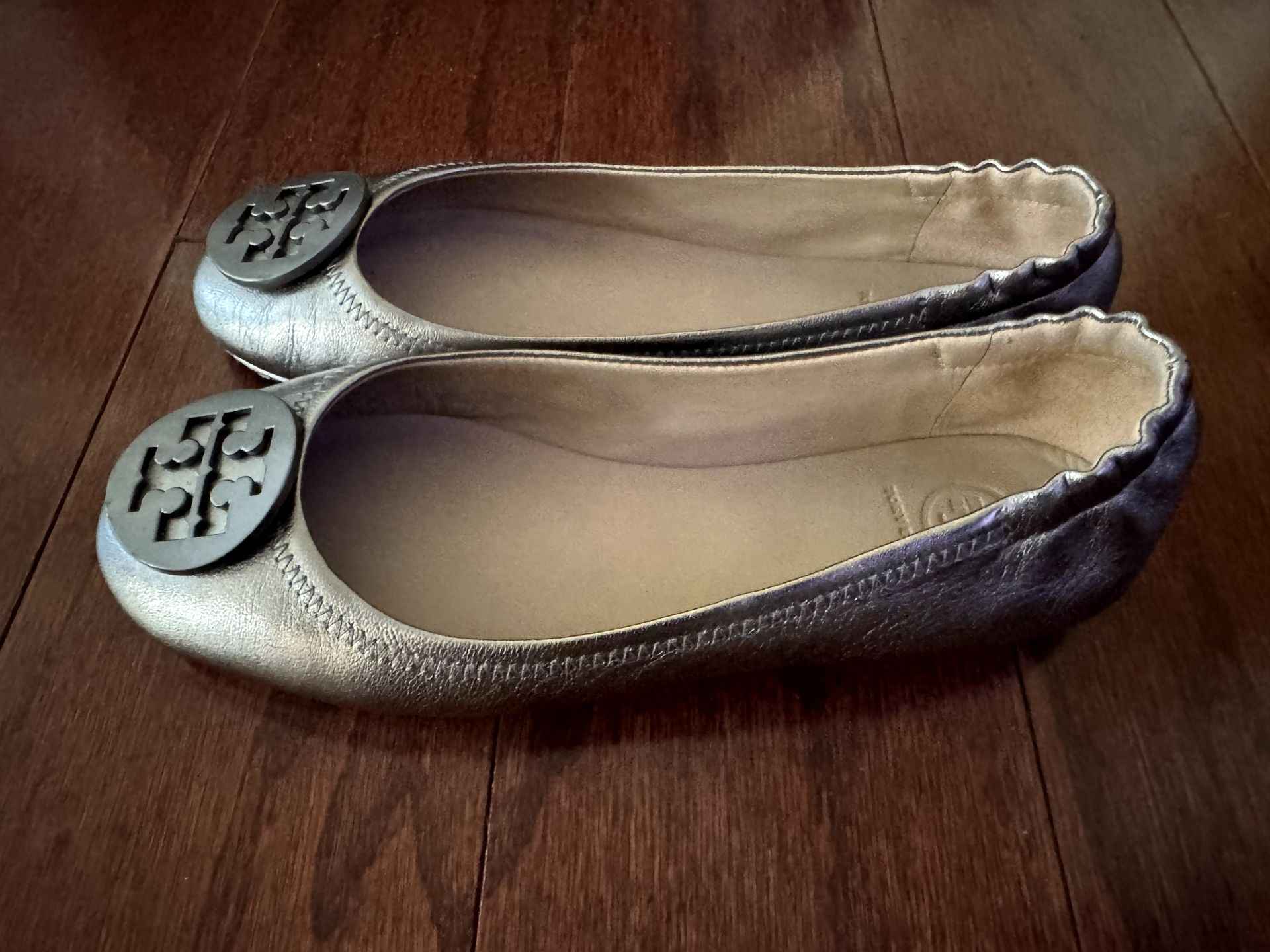 2 Pair ToriBurch Napa Leather Flats One Silver One Black