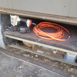 Compressor roofing, gun.\n Hose bucket coil nails 2 inch box full, 3/4 coil roofing, nails.