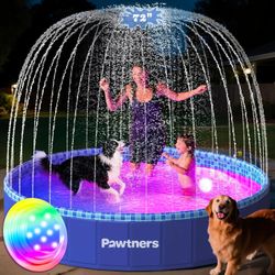 72'' Foldable Dog Pool for Large Dogs, 3 in 1 Portable Kids Swimming Splash Pool with Sprinkler & Light