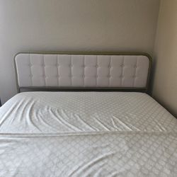 Modern Tufted Bed Frame - Gold Metal & Cream Upholstery - Never Used