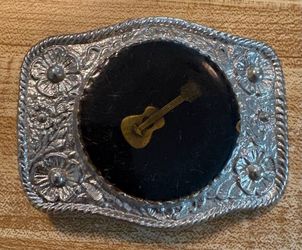 Vintage Western Belt Buckle - Floral Silver Tone with Guitar