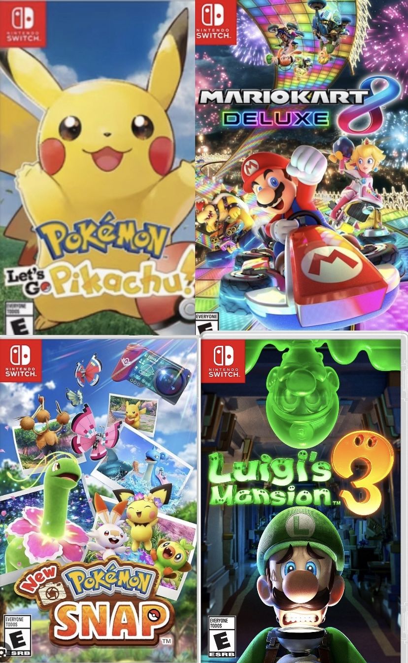  Nintendo Switch Games 1.Pokémon let’s go  Pikachu.   2. Pokémon Snap  3.Mario cart deluxe.   4.Luigi mansion .    30 Bucks  Each Game