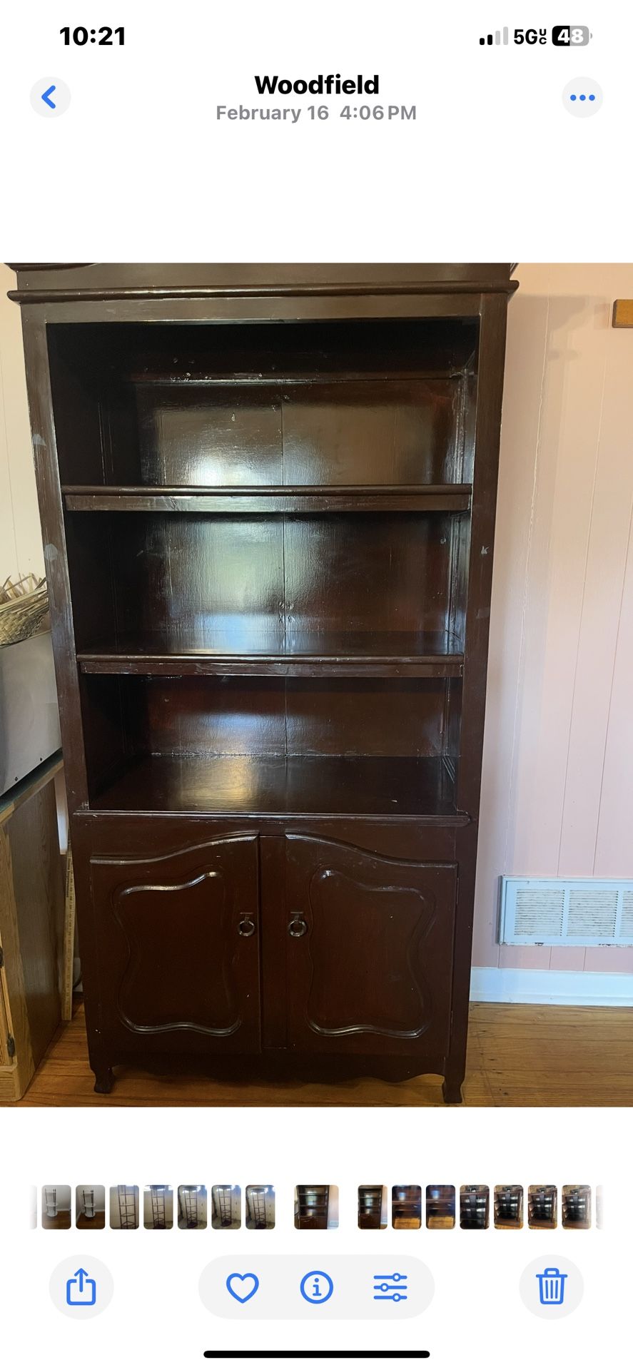 Five Shelf All Wood Cabinet, Three Upper Shelves And Two Behind Closed Door Cabinet