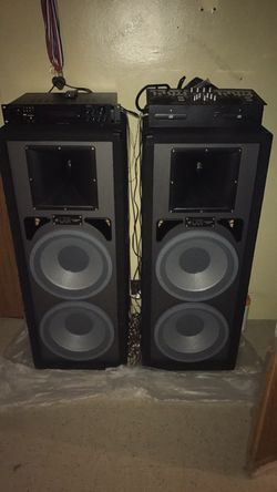 Everything two black and gray Club speakers and amplifier with 3500 and DJ mixerPrice is negotiable