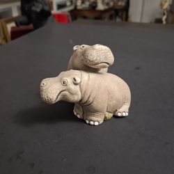 Pair Of Hippo's Frolicking Coad Peru Crafted Of Clay Pottery Hand-painted In Blue. 4"W X 2.75"H