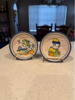 Vintage Hand Painted Miniature Pottery Plates Pair Dutch Folk Art Man & Woman Studio Pottery 3.5”
