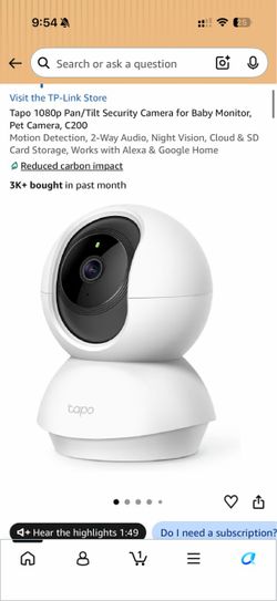 Tapo 1080p Pan/Tilt Security Camera for Baby Monitor, Pet Camera, C200 Motion Detection, 2-Way Audio, Night Vision, Cloud & SD Card Storage, Works wit