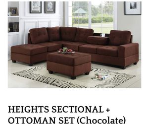 MICROFIBER CHOCOLATE BROWN SECTIONAL SOFA WITH CUPHOLDERS AND STORAGE OTTOMAN NEW