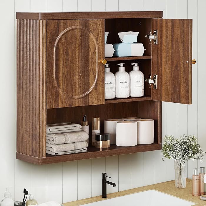 Bathroom Wall Storage Cabinet Hanging, Fluted Medicine Cabinet with Doors, Wall Mounted Cupboard with Adjustable Shelf, Wood Over The Toilet Storage C