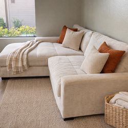 Cream Corduroy Sectional Couch with Chaise – Reversible Layout – Excellent Condition