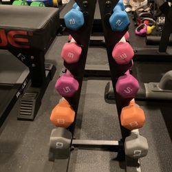Brand New Set - 5 Pairs Of Neoprene Dumbbells With Rack