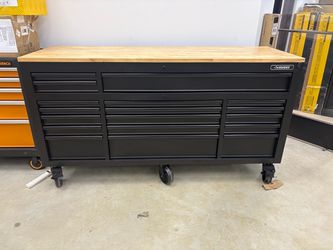 BRAND NEW AND PERFECT Shop Husky 72 in. W x 24 in. D Heavy Duty 18-Drawer Mobile Workbench Cabinet with Adjustable-Height Hardwood Top in Matte Black