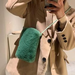 Green  faux fur winter girl's women's cell phone case crossbody bag Gift 