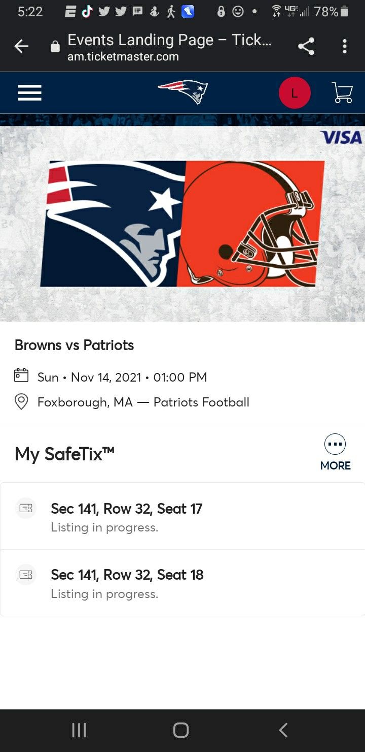 Patriots Browns TWO TICKETS