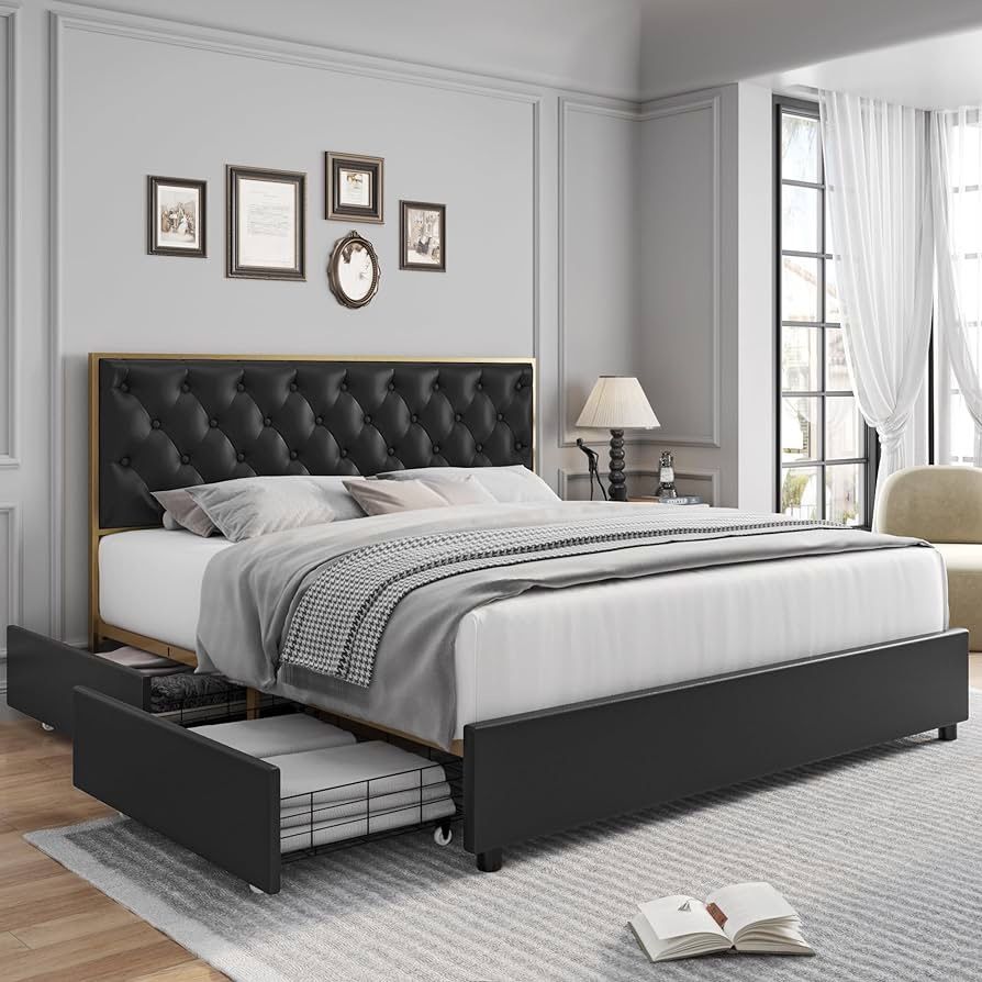 King Bed Frame with 4 Storage Drawers, Faux Leather, Button Tufted Headboard, Heavy Duty Mattress Foundation