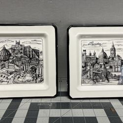 Set of two square plates by cities, Rome and London, 8x8 inches, Made in Italy  As shown on the photos have small imperfections 