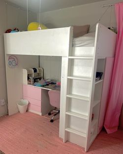 Loft bed, bench bed with storage, lighted mirror
