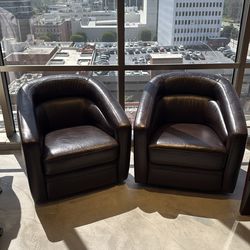 Modern Brown Swivel Lounge Chairs (Pair) – Faux Leather Club Style