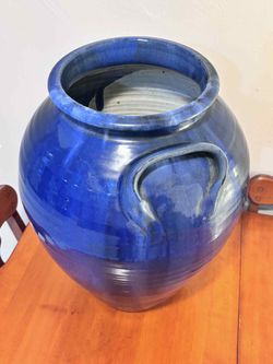 Vintage Blue Glazed Ceramic Floor Vase 20”H Opening 9.5”
