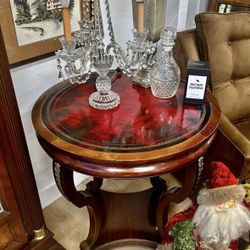 Regency-Style Mahogany Accent Table Victorian Influence Leather  Top with Brass Paw Feet