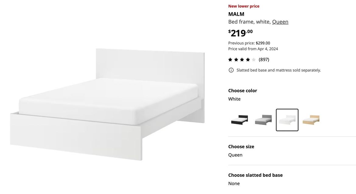 Bed Frame Queen - White - Malm - Ikea 