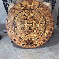 Aztec Mayan Inlaid Mosaic Wood Calendar 