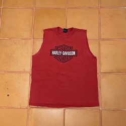 Harley Davidson “voodoo” red cut sleeve shirt size is around XL