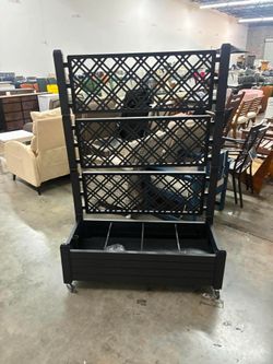 ModFusion Durable Black Resin Pot with Drain Holes, Plant Lattice, Polypropylene Garden Bed with Rolling Cart, 43.3" x 17.7" x 61"