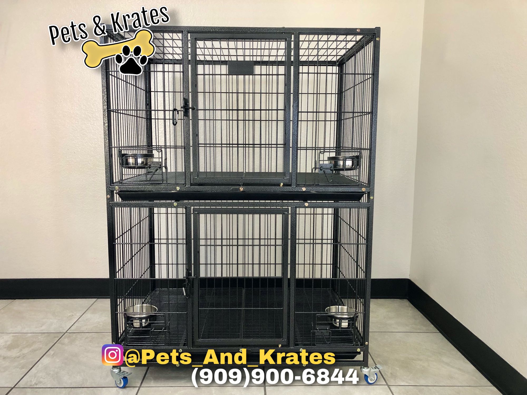 NEW!! 37” Two-Tier Heavy-Duty Dog Cage with Feeding Bowls 