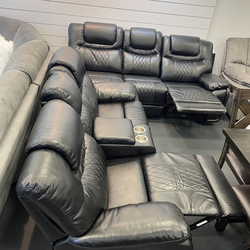 Winter clearance sale. Santiago, black leather reclining sofa and loveseat set only $1199. Easy finance option. Same-day delivery.