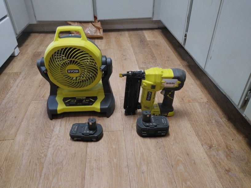 Ryobi Airstrike 18v 18 Gage Nail Gun And Ryobi18 Fan And Mister 