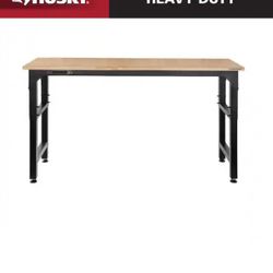 Husky 72 in. W x 23 in. D Adjustable Height Black Workbench, Solid Wood Top for Heavy Duty Welded Steel Garage Storage System 