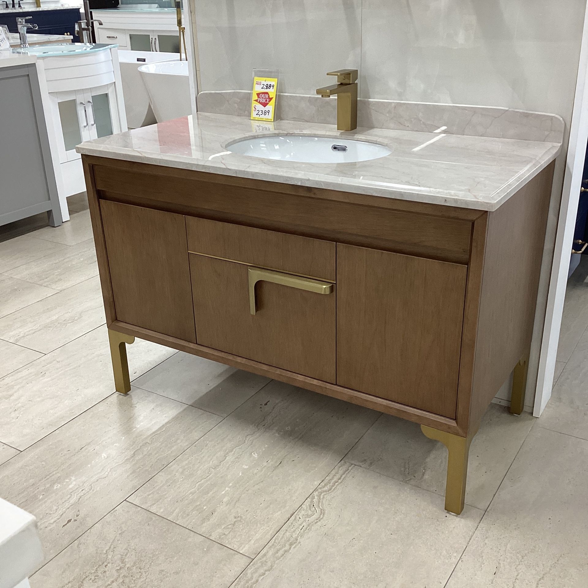 48” Solid Wood Bathroom Vanity Marble Countertop Ceramic Sink Solid Wood Fully Assembled Metal Feet Soft Close Drawers And Cabinets