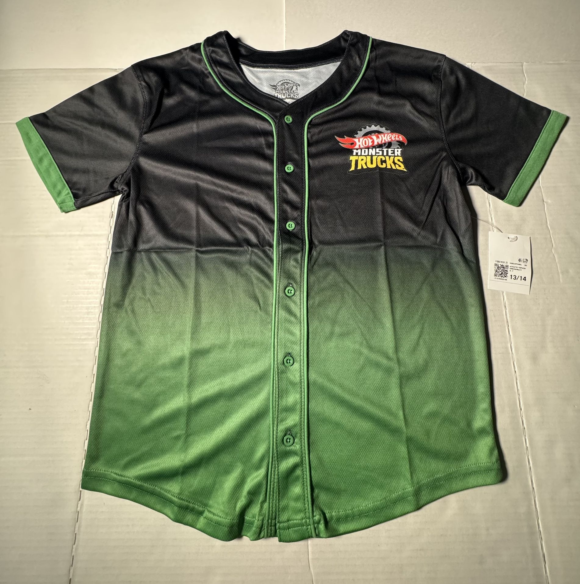 NWT  Hot Wheels Monster Trucks  Baseball Jersey  Green Black  Boys  Size 13 / 14