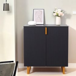 Black Fluted 2-Door Storage Cabinet with Gold Legs