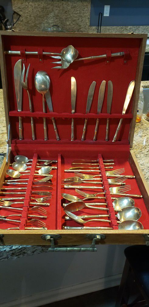 Vintage brass bamboo flatware set with box