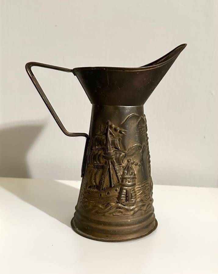 Antique Embossed Peerage Brass Pitcher Jug Ship And Lighthouse Barn Decor