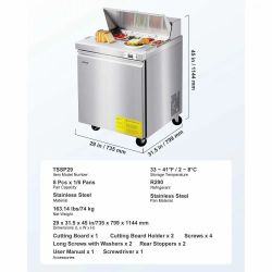 28"W Commercial Refrigerator, 7.1 Cu. Ft Sandwich Prep Refrigerated Table, Mega Top Food Prep Fridge with 8 Pans and Cutting Board, Stainless Steel Sa