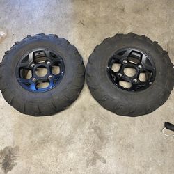 Two (2) Front 12" Polaris Wheels & Worn Tires 4x156