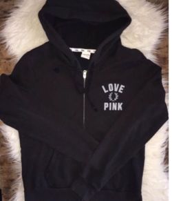 Victoria Secret black hooded sweatshirt zip sz medium great Condition