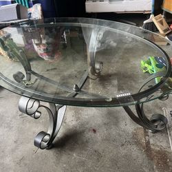Heavy Glass Top Rod Iron Coffee Table And Ens Table 