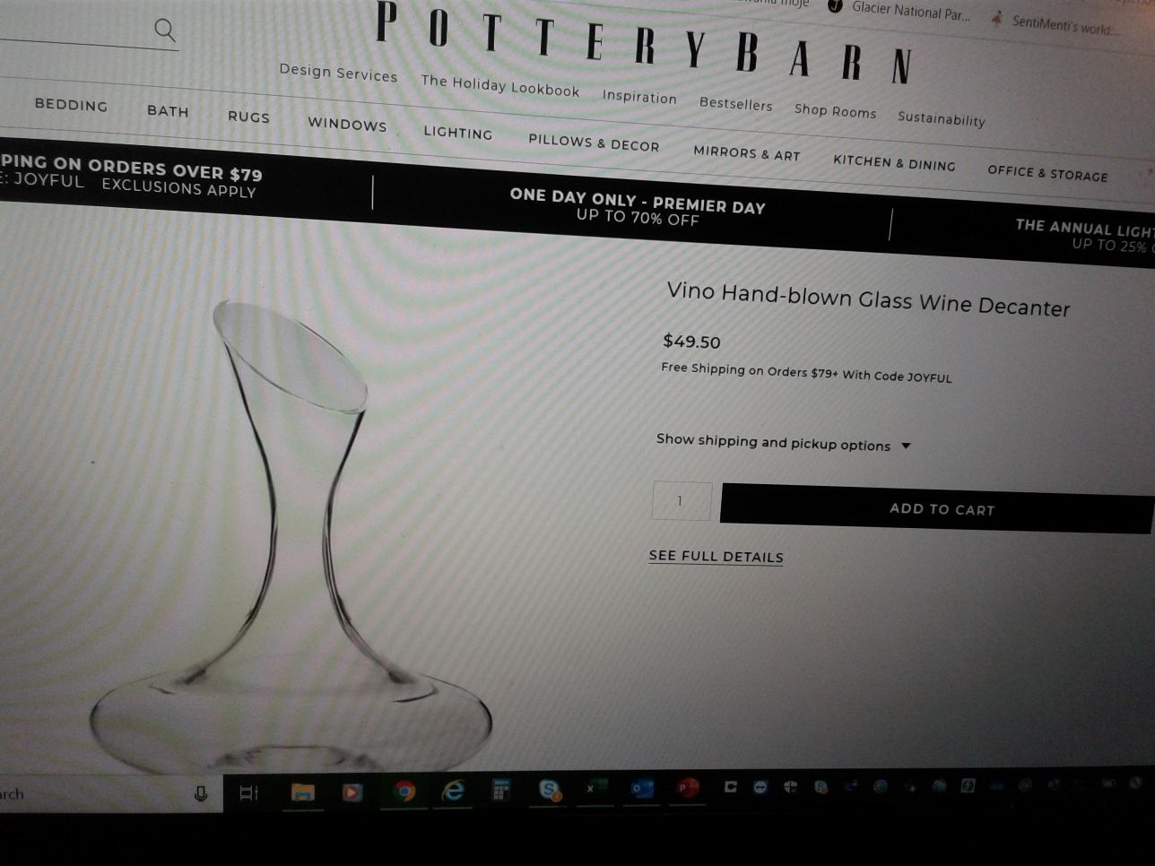 Pottery Barn Vino hand blown glass wine decanter. Wine carafe