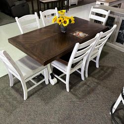 Brown/White 7 Piece Dining Set/Extension Table/Cushioned Seats