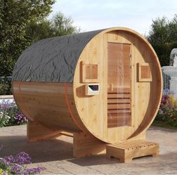 Barrel Sauna, 4-6 Person Tradition Wood Dry＆Steam Sauna with Sauna Stone, 220V/6KW Electric Heater with Sauna Stone, Sauna Accessories, Waterproof Tar