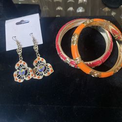 Metal Bracket & Colorful Dangling Earrings Set