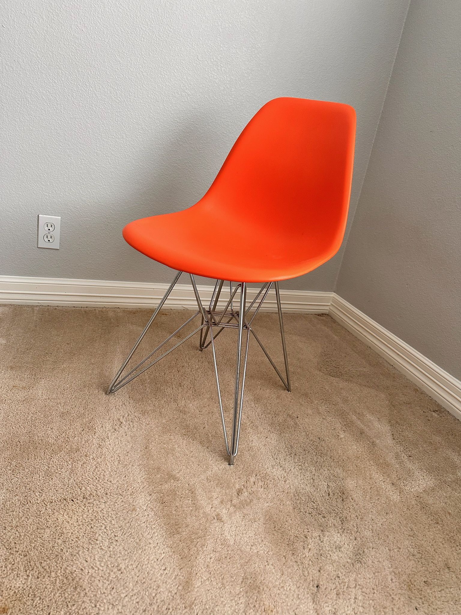 Orange Plastic Molded Side Chair With Silver Eiffel Base